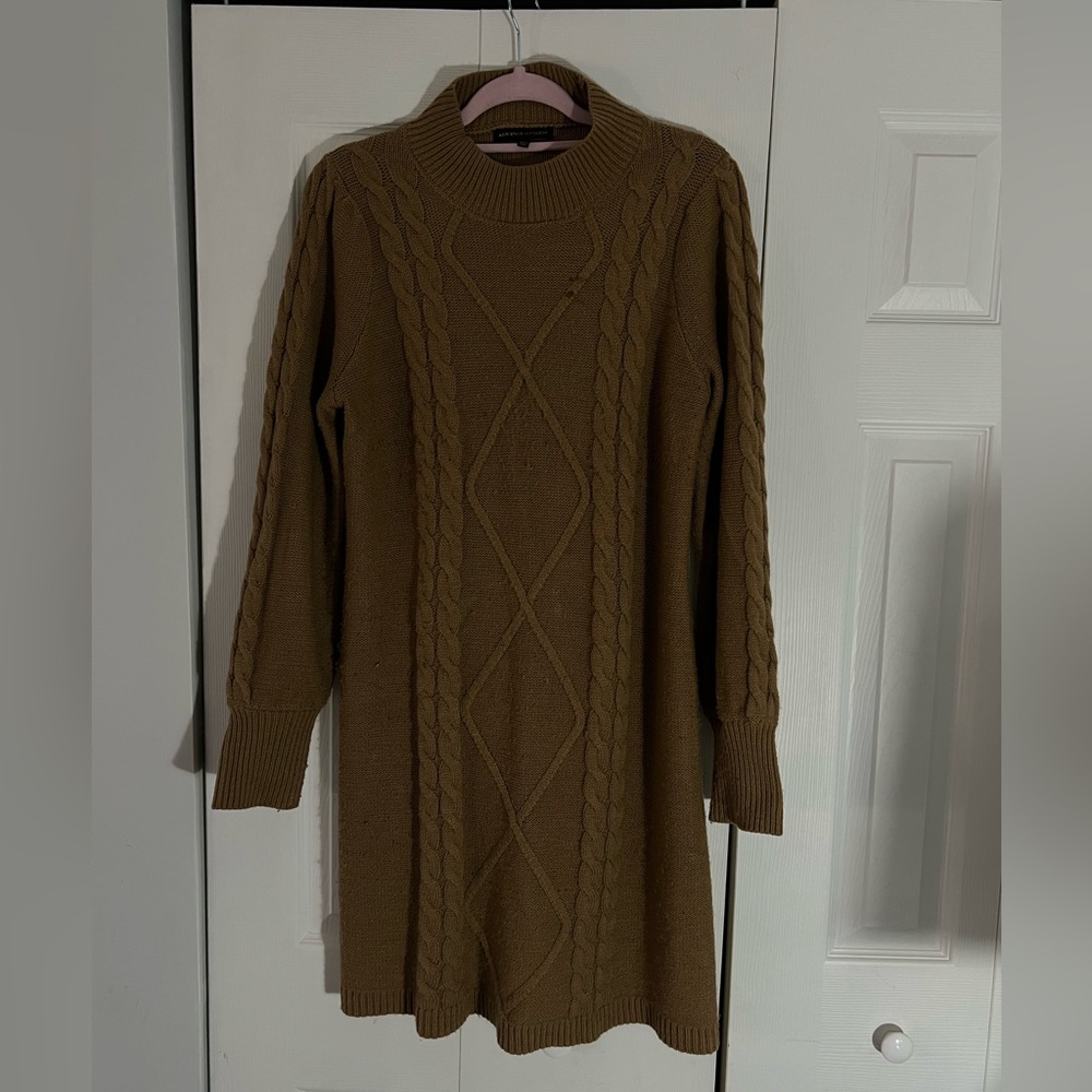 Adrienne Vittadini Long Sleeve Cable Knit Dress - Brown